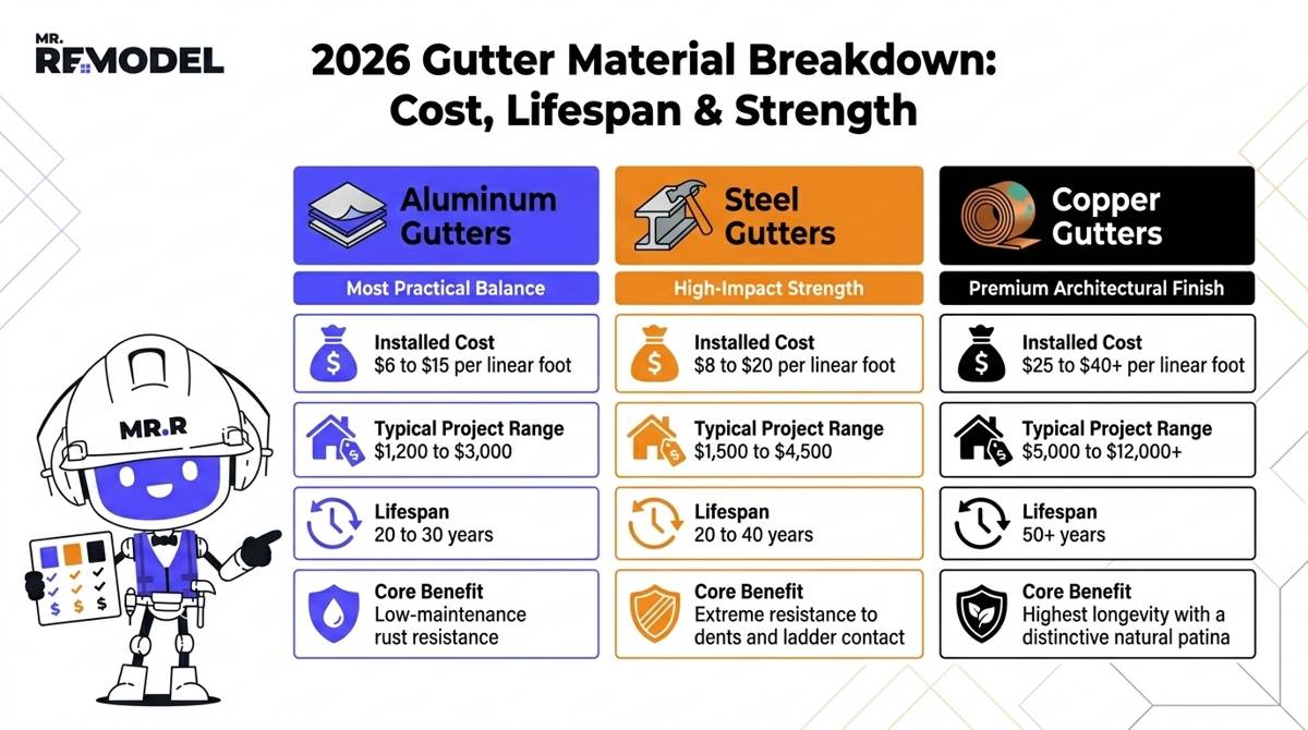 A 2026 gutter material comparison matrix infographic charting installed costs per linear foot, project cost ranges, and lifespans for aluminum, steel, and copper gutters.